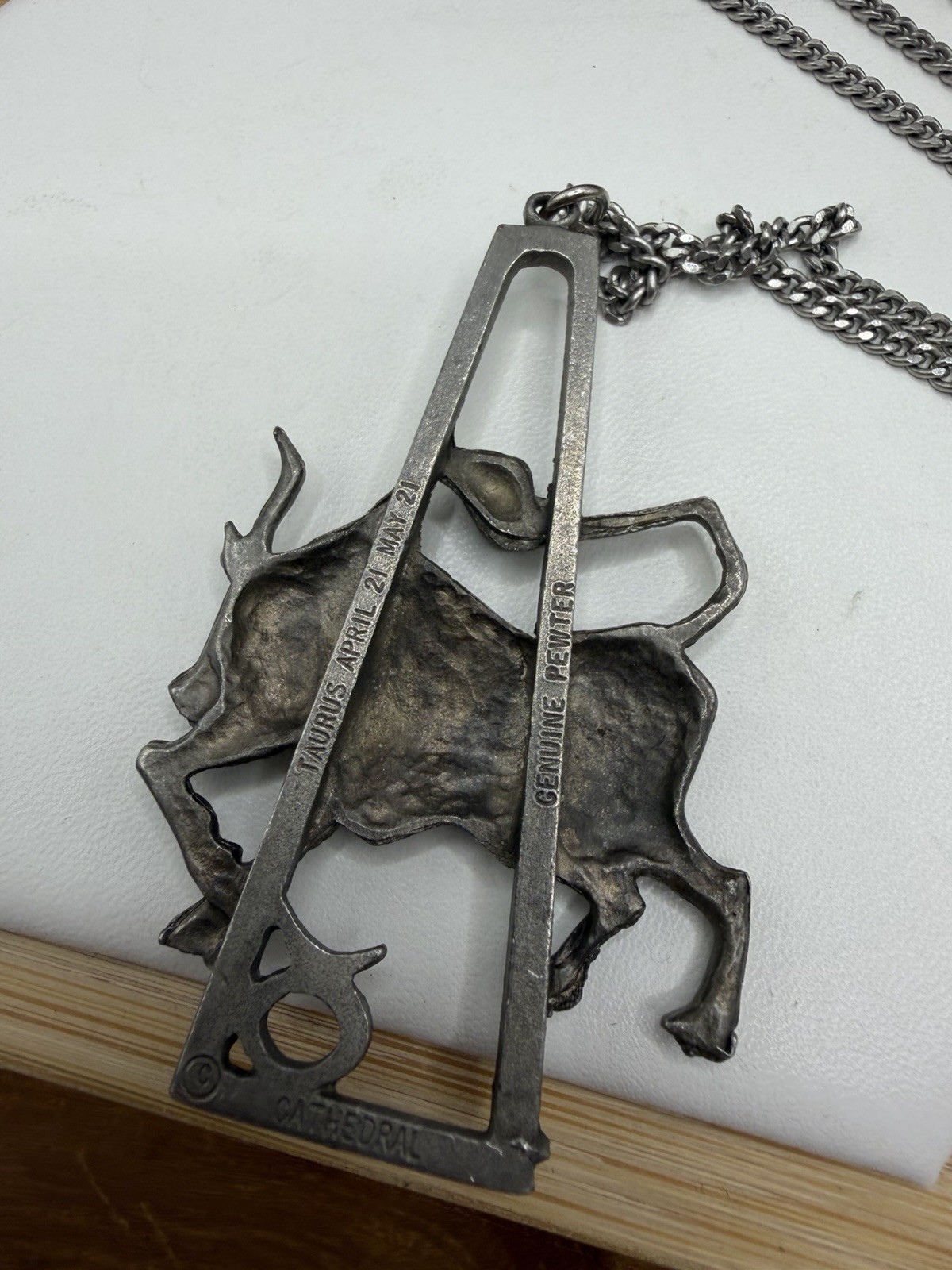 Vintage 1970s Taurus Necklace Zodiac Sign Astrology Cathedral Pewter 24″