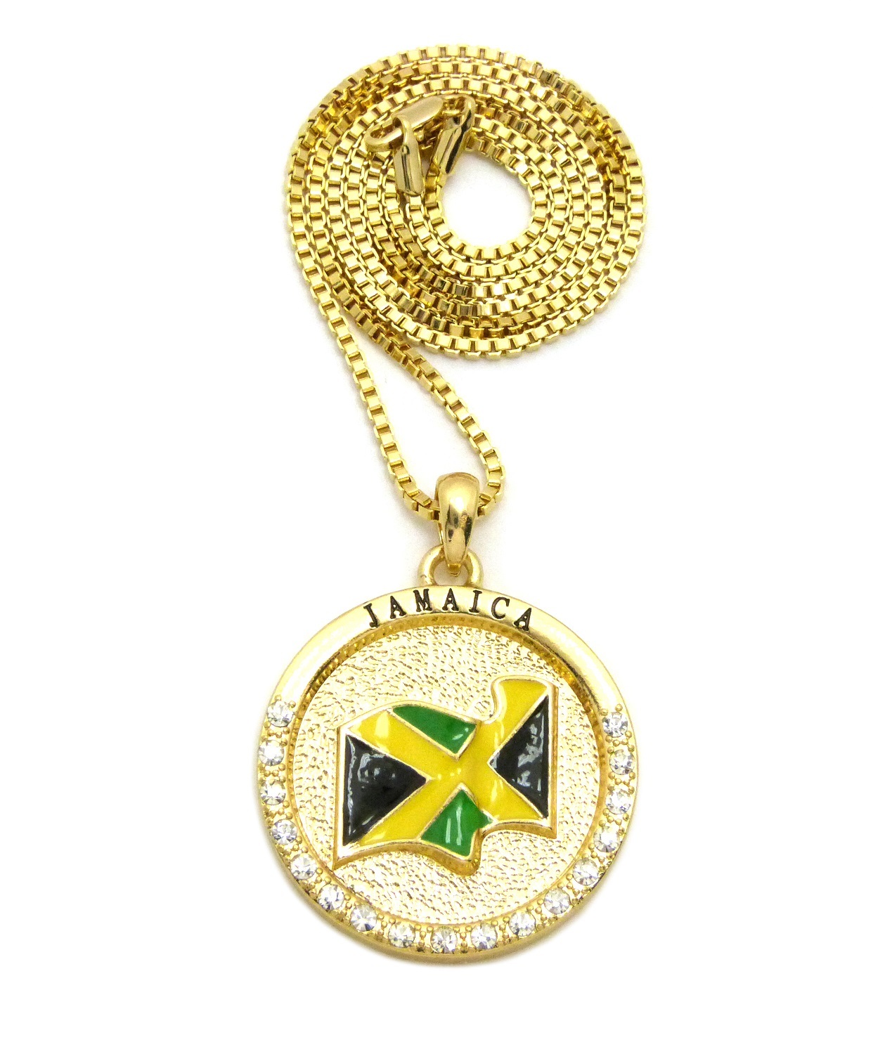 Flag of Jamaica Round Pendant 24″ Box, Cuban, Rope Chain Hip Hop Necklace XSP559