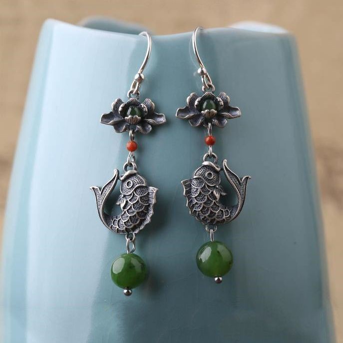 Koi Fish Lotus Earrings Chinese Style Silver-Plated Women’s Earrings