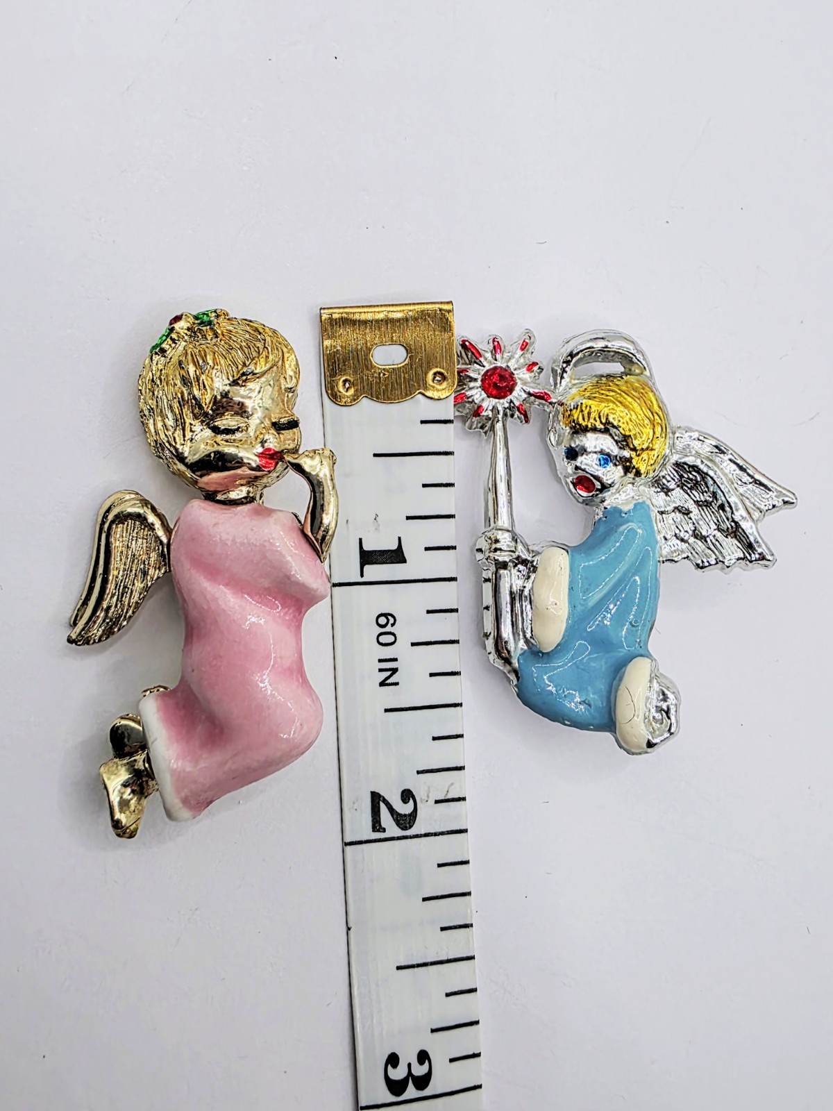 Vintage Ceramic Enamel Rhinestone Angel Brooches