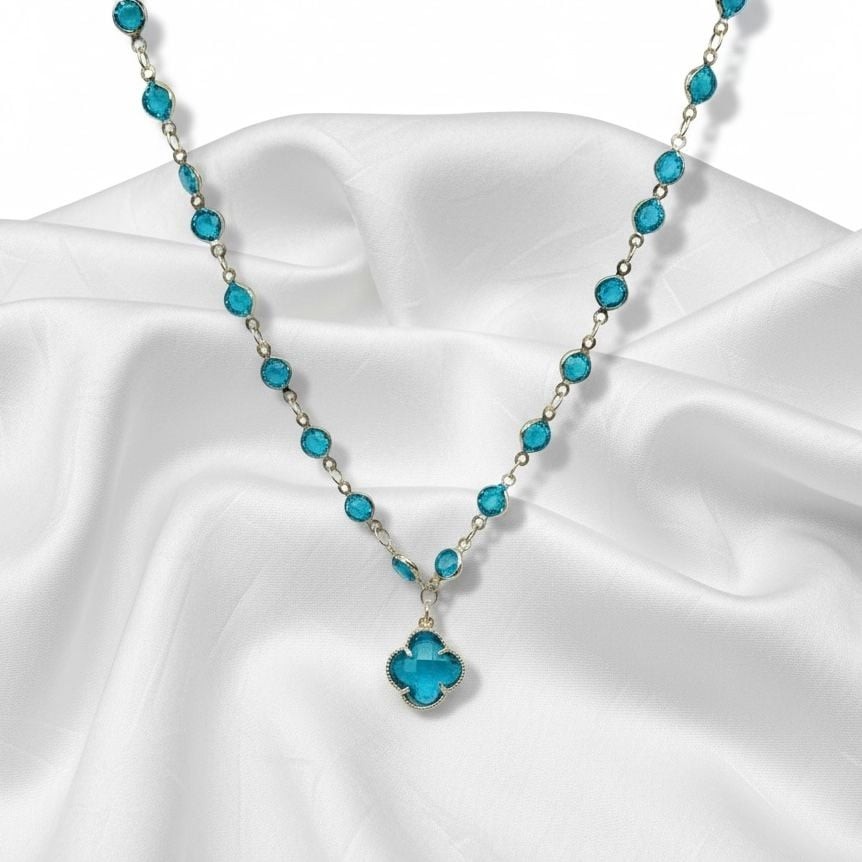 Gold Tone Blue Crystal Clover Station Beaded Necklace