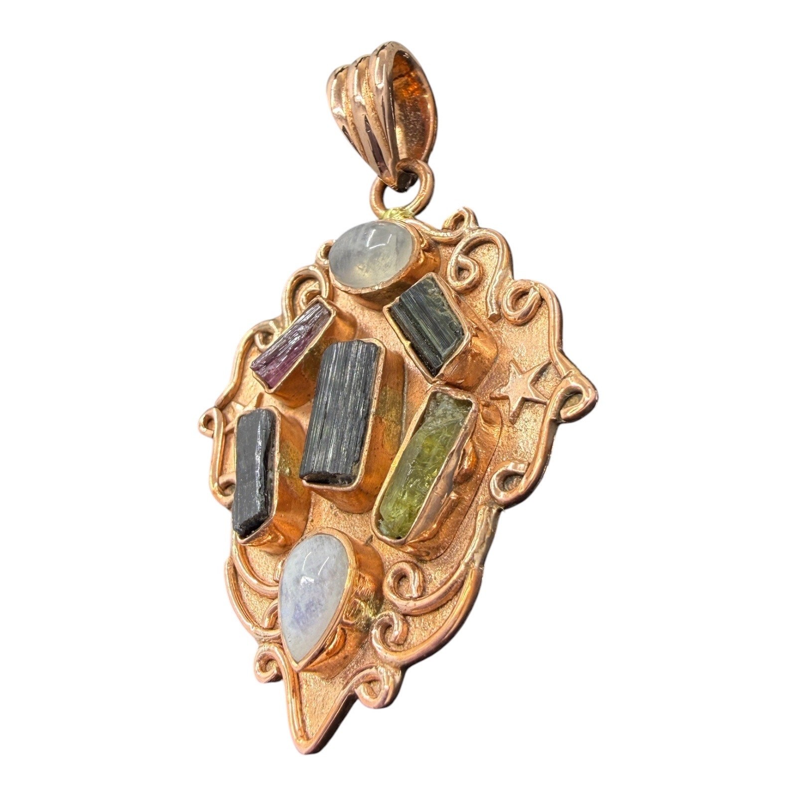 Multicolor Tourmaline Moonstone Copper Shield Pendant Handmade Pink Green Black