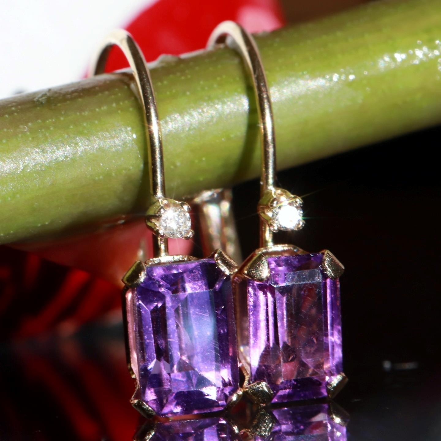14k yellow gold earrings 0.82ct amethyst diamond 0.61″ dangle 0.91gr N3685