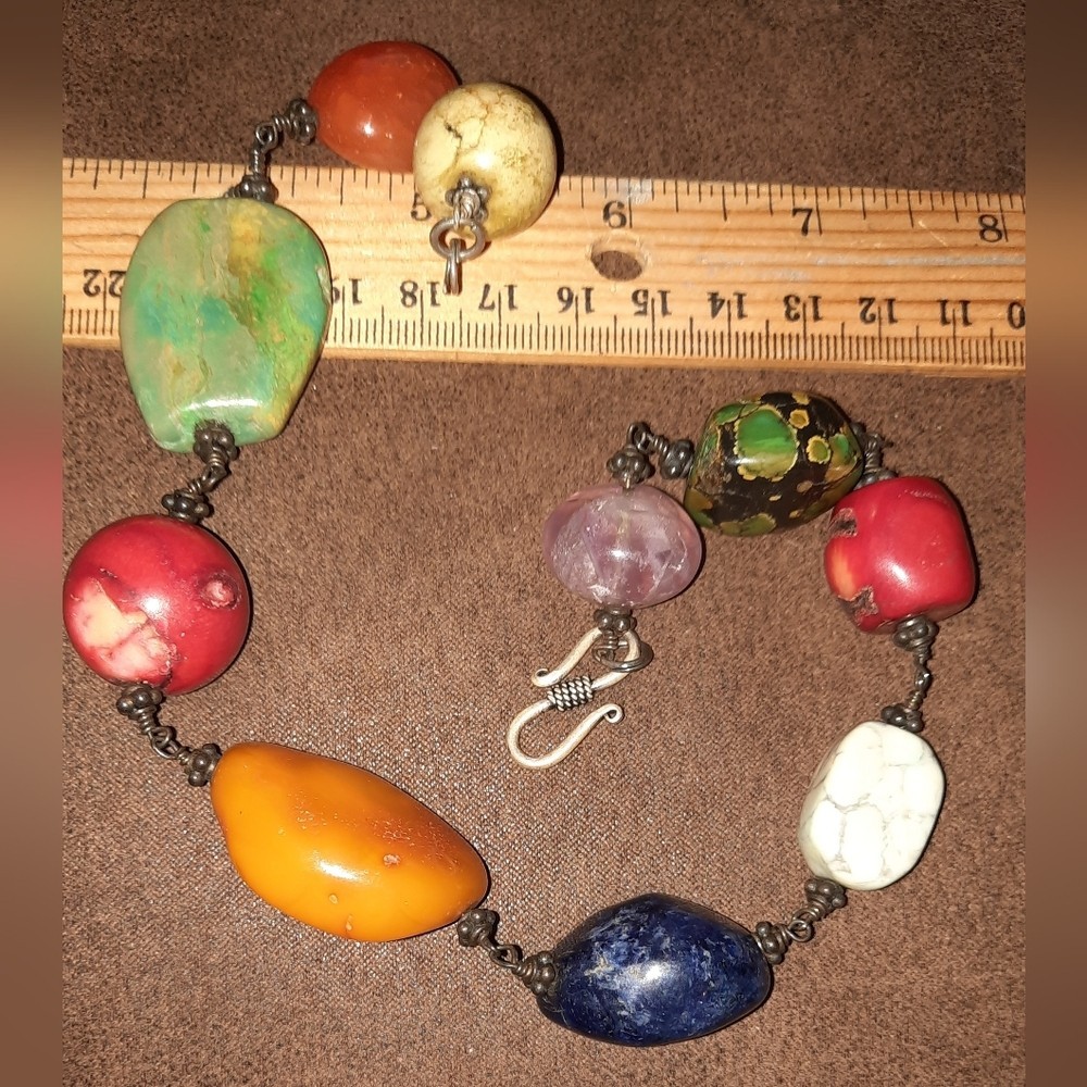 Turquoise coral lapis sterling 925 necklace vintage 15in gemstones Choker