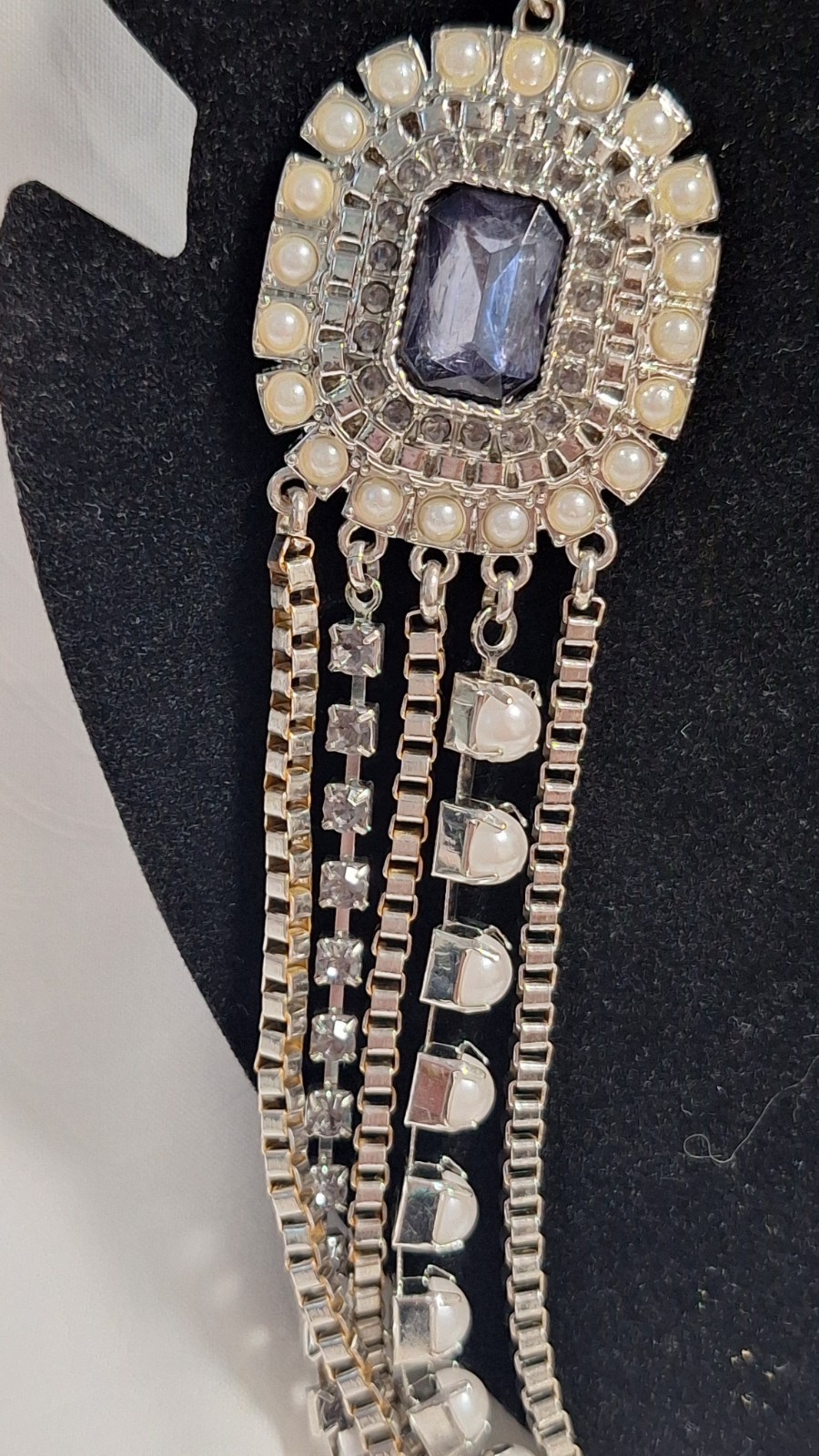 Silver Tone Layered Cable Chain Necklace Blue Rectangle Crystal Faux Pearl