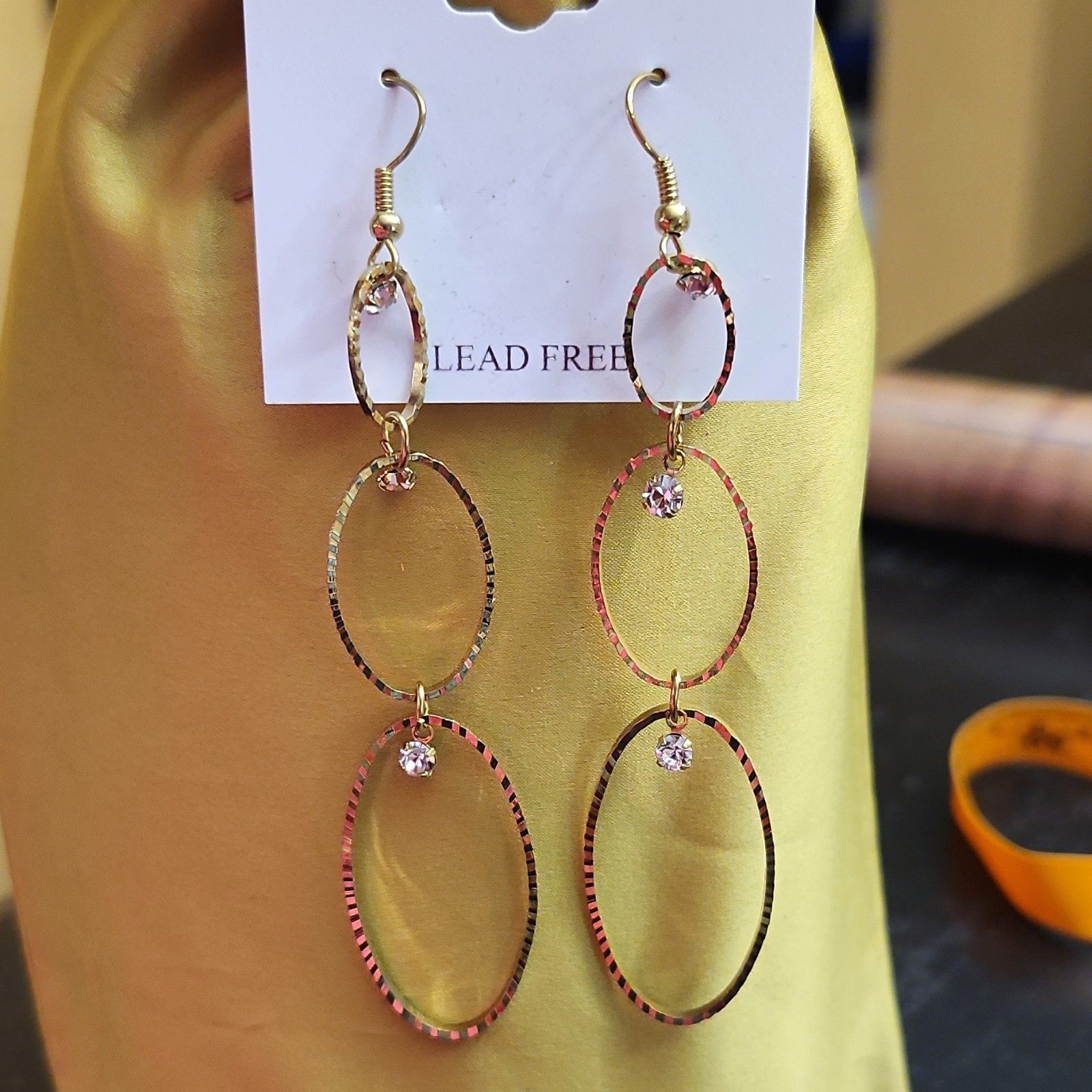 Gold-Tone Metal Oval Dangle/Drop Earrings White Crystal Accent Hook Closure