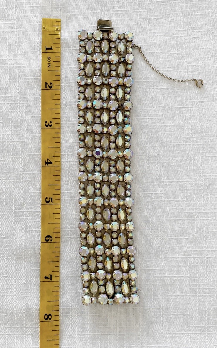 Vintage Signed Sherman 7-Row Aurora Borealis Rhinestone Bracelet 7” x 1.5”