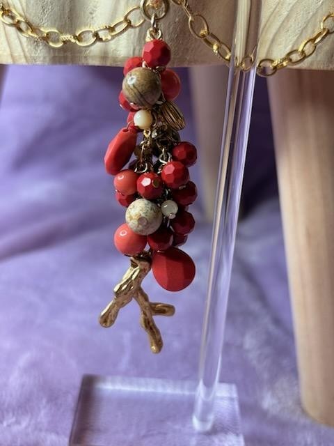 Vintage Boho Red Pink Cluster Tassel Pendant Necklace Matching Drop Earrings Set