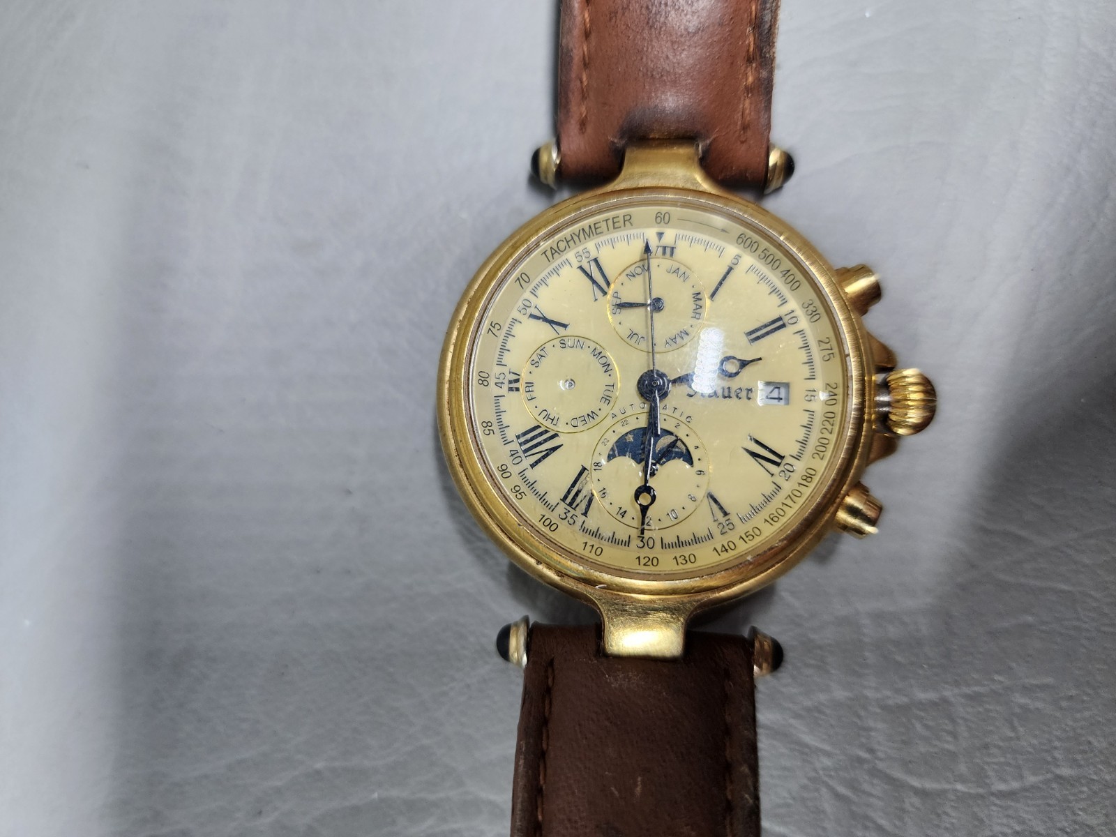 (Needs New Battery) – Stauer Wristwatch Leather Tachymeter Moon Phase Beige Dial
