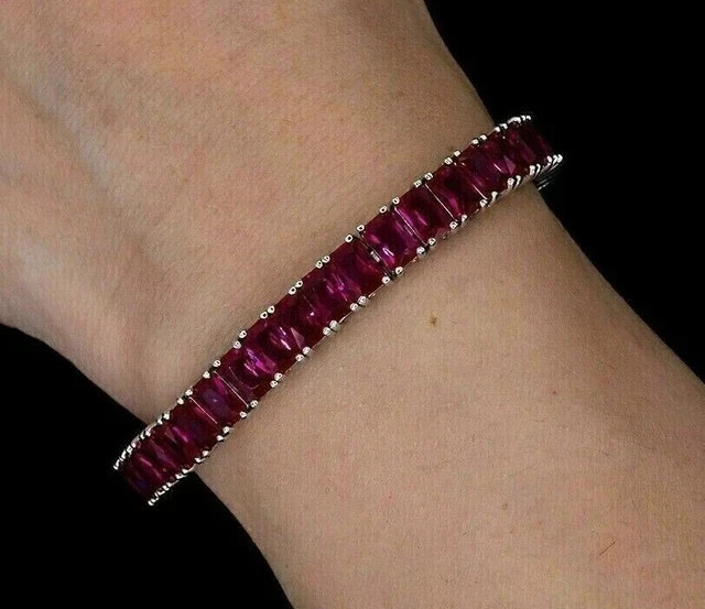 9CT Emerald Cut Lab Created Ruby Women’s Tennis Bracelet 14K White Gold Plated