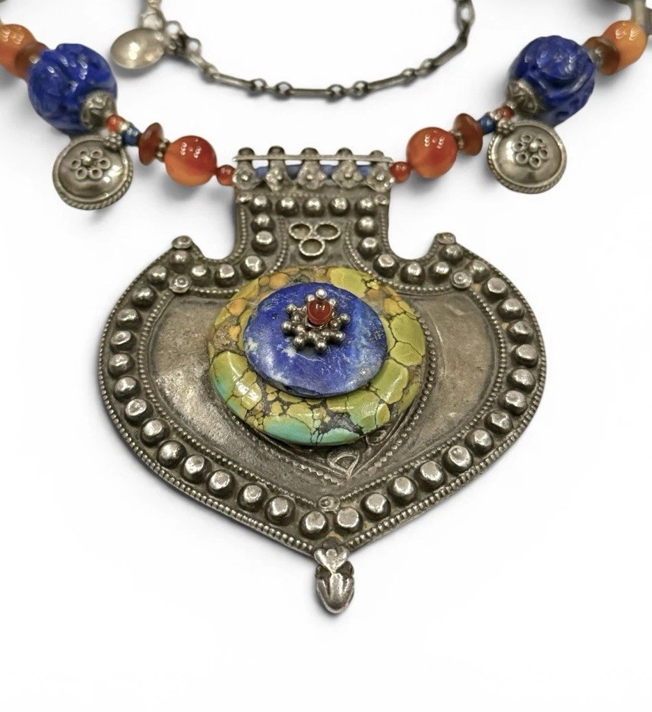 Jody P Artisan Tribal Fusion Ethnic Statement Necklace with Mixed Stone Beads