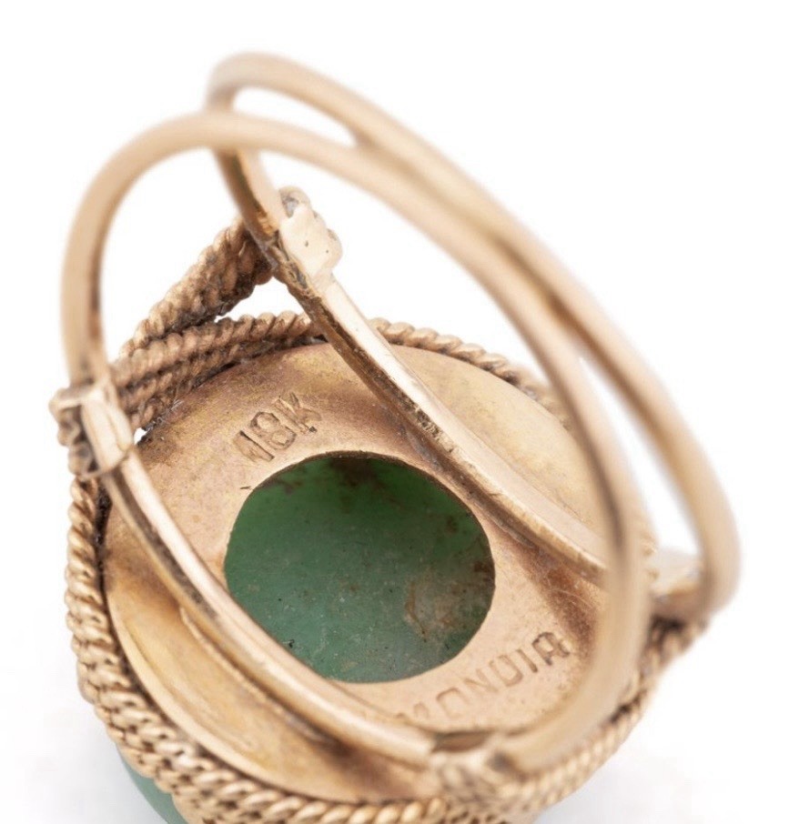 Mondia 18K Gold Jadeite Cabochon Ring 13.7mm Green Jade Vintage Size 8