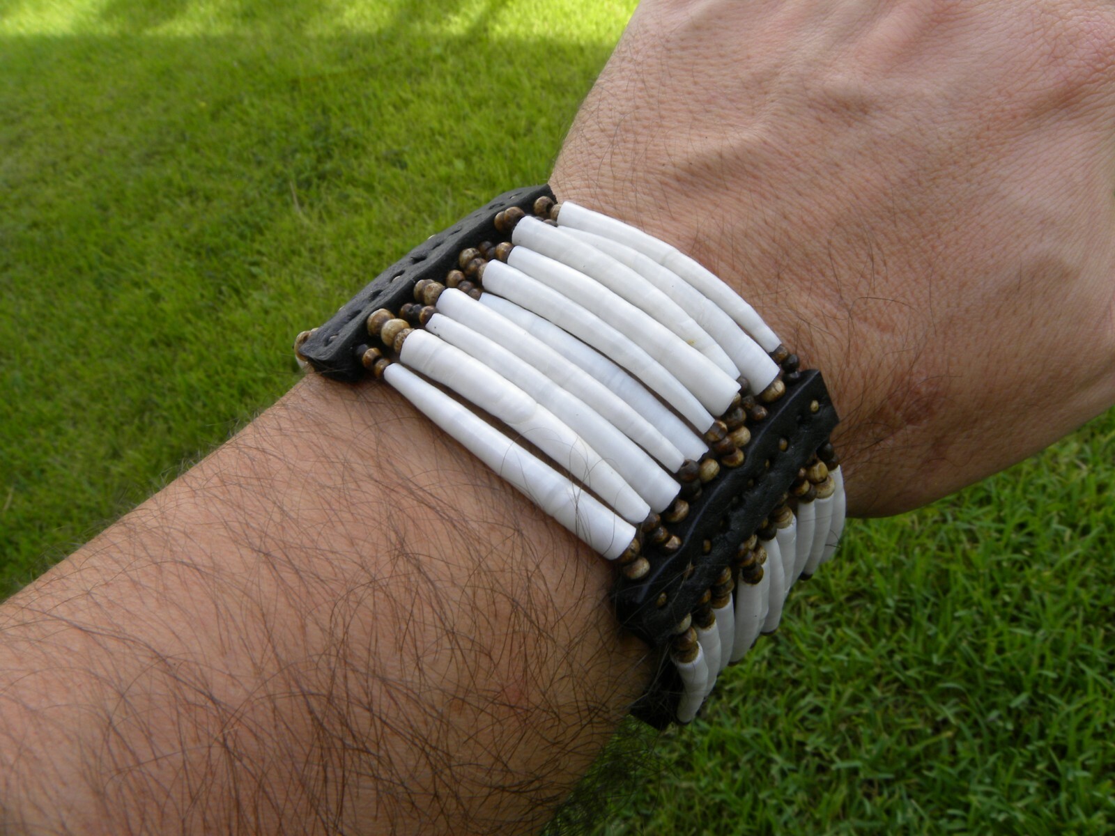 Cuff bracelet good luck dentalium shells Bison leather bone cool Shaman style