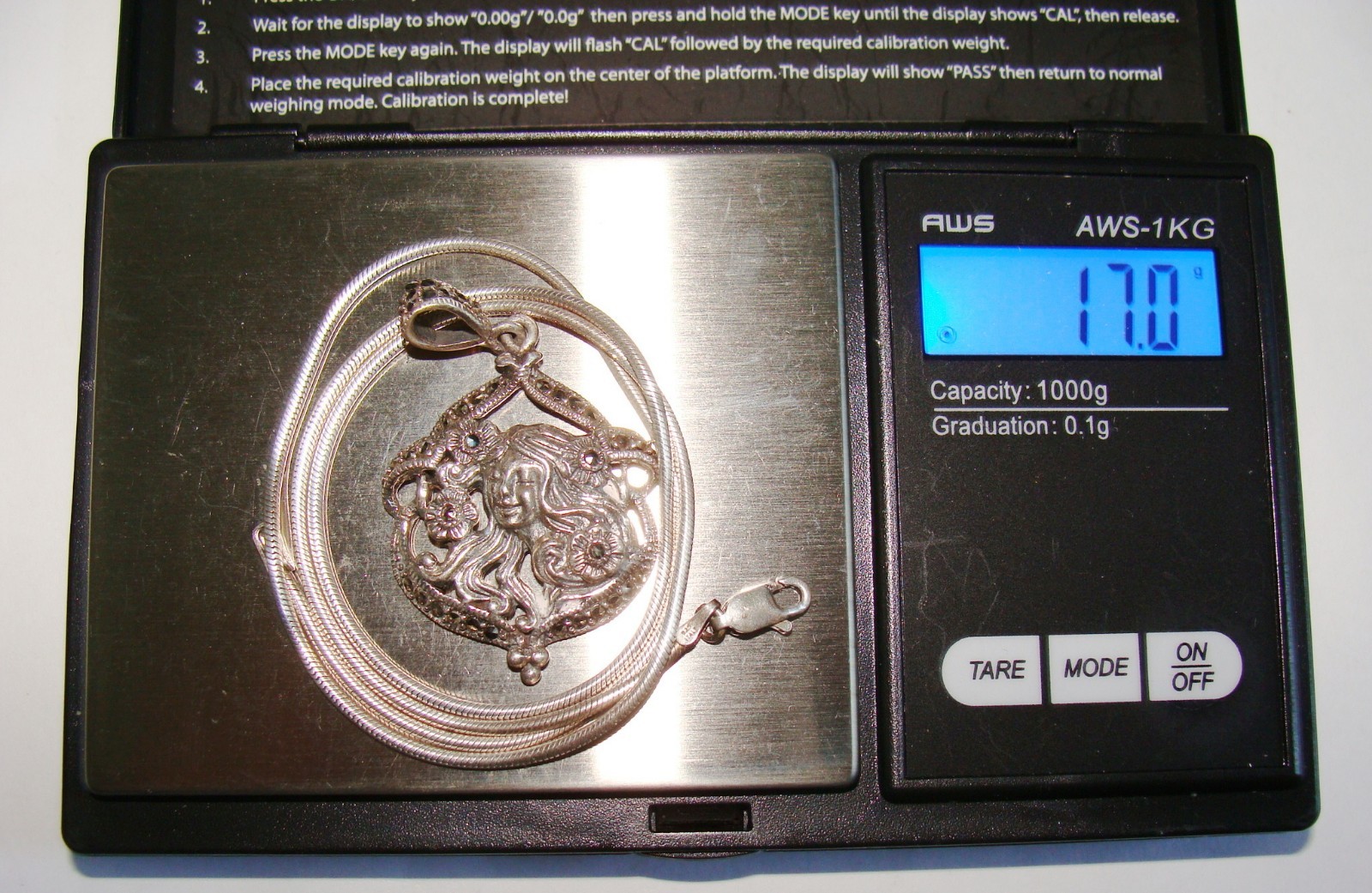 Nouveau Style 17.0g Sterling Silver Marcasite Lady Face Pendant & 18″ Necklace