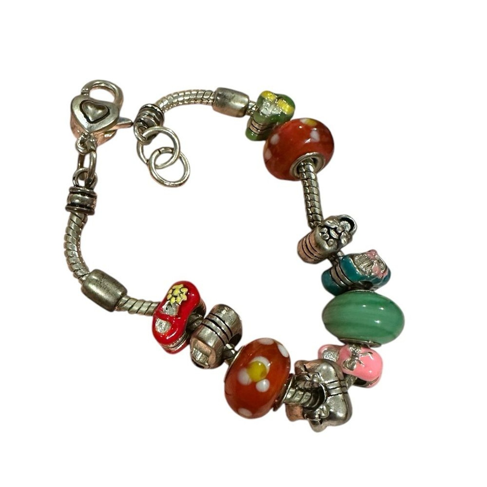 Silver Plated 10 Charm Murano Beads Shoe Spacers Snake Chain Boho Multi Bracelet