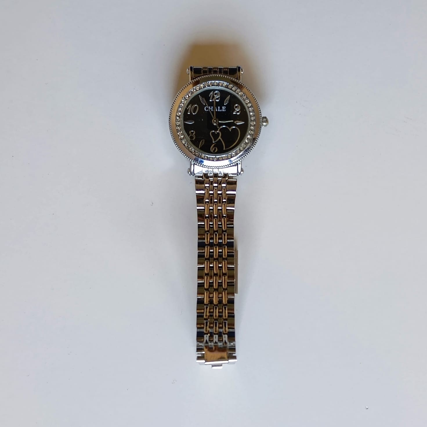 Chale Women’s Quartz Watch Silver Silver Tone Rhinestone Bezel Hearts Dial Steel