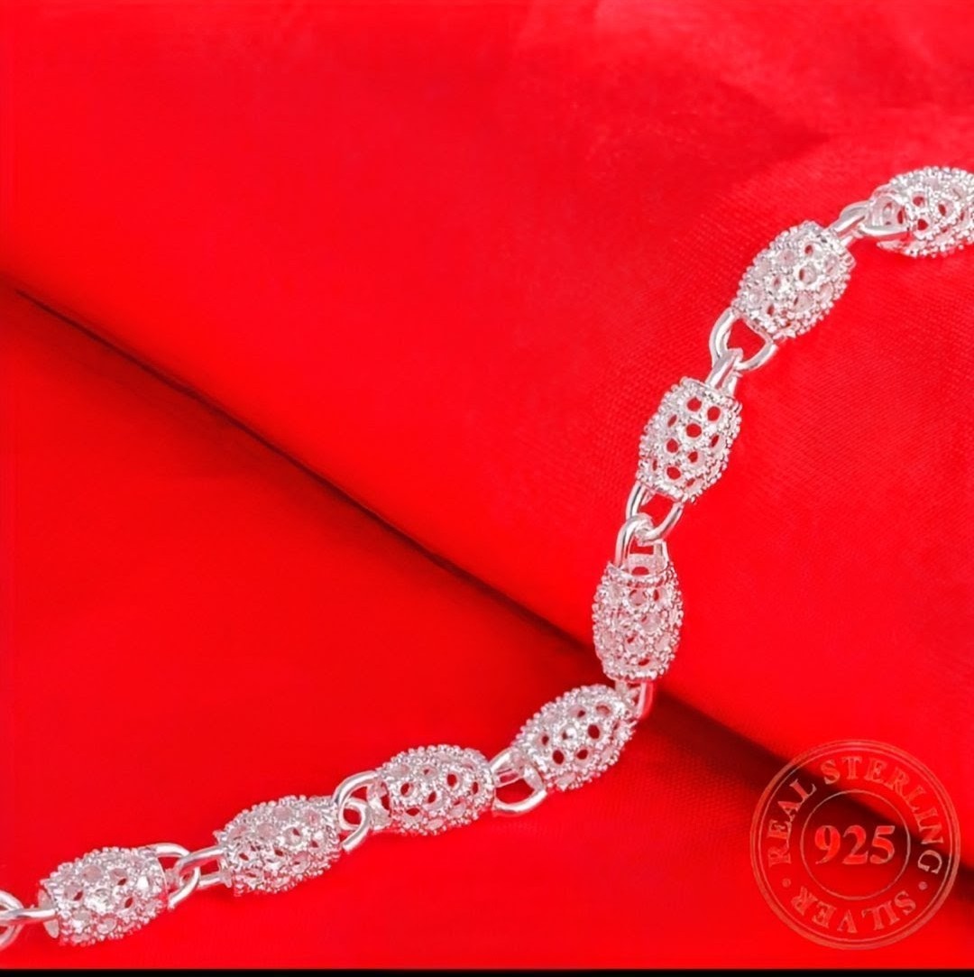 Sterling Silver 925 Filagree Link Chain Bracelet 8in with Lobster Clasp