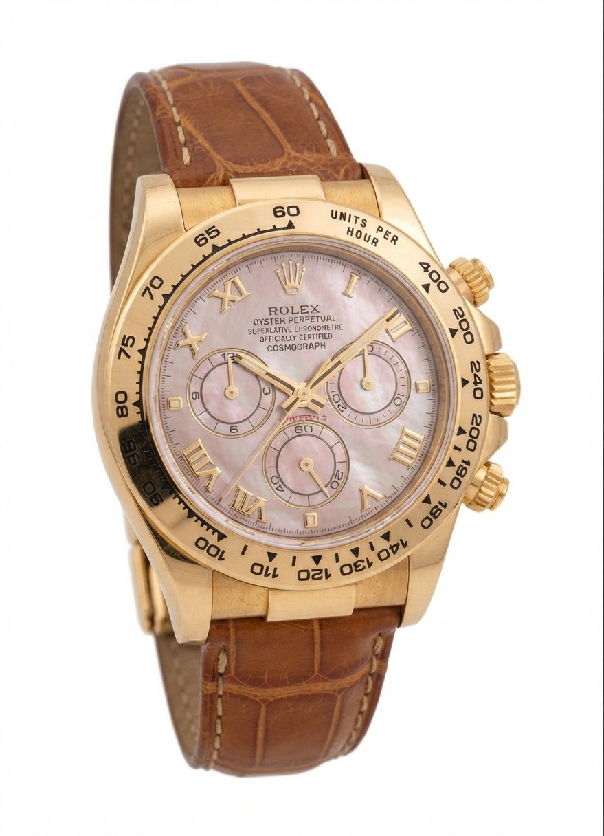 Rolex Daytona Yellow Gold Dark Mother of Pearl MOP Roman Black 116518 BOX PAPERS