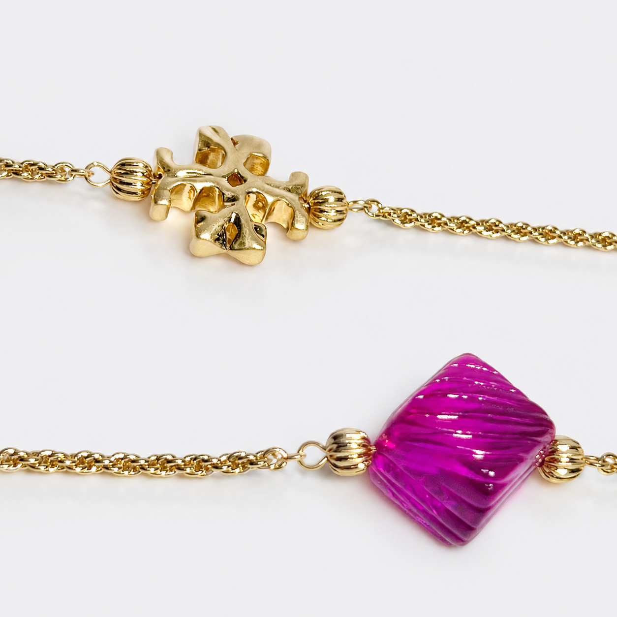 Tory Burch Long Rope Chain Necklace Gold Tone Magenta Square Purple Resin Beads