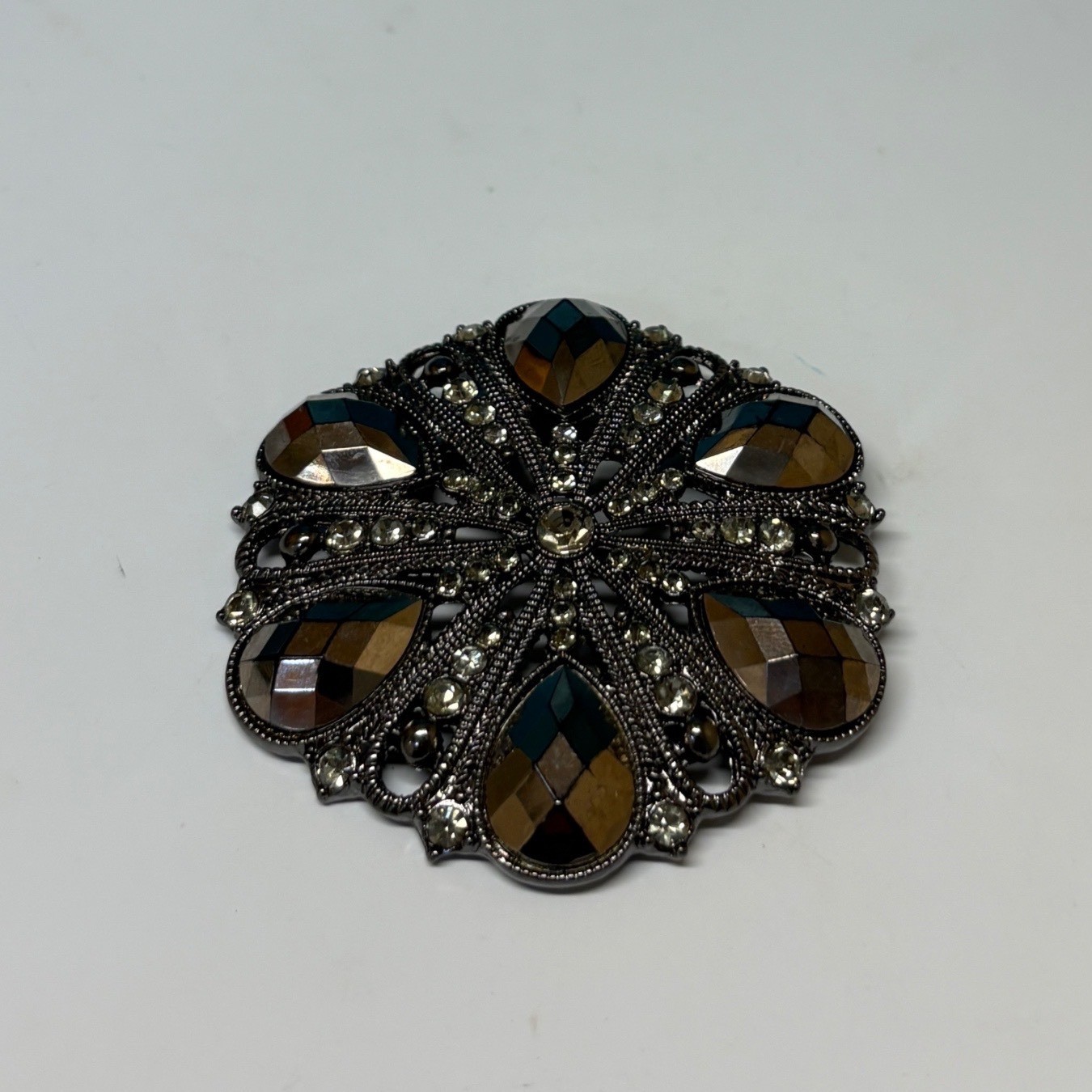 Gunmetal Smoky Teardrop Rhinestone Radial Filigree Brooch Pin