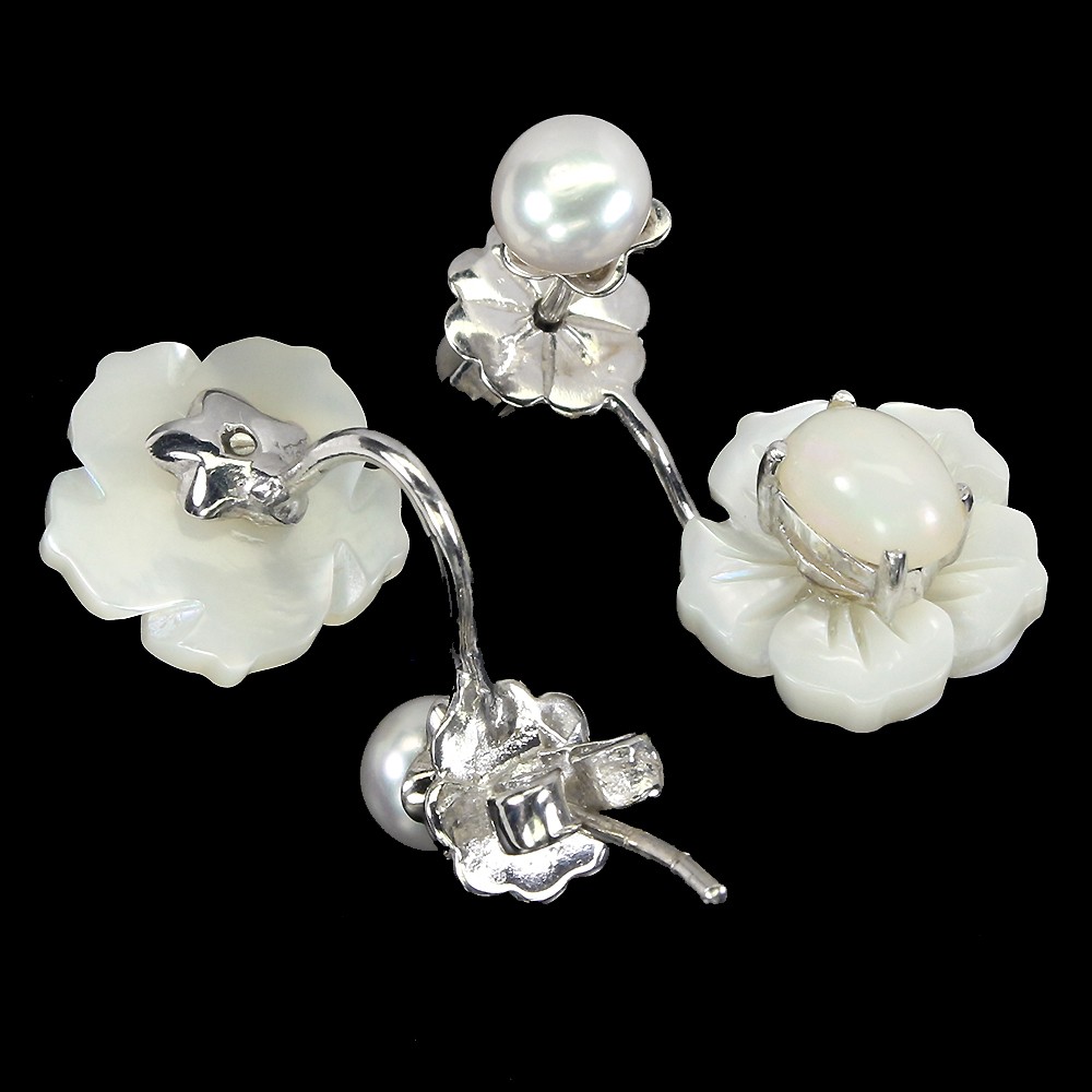 925 Sterling Silver Earrings Oval Fire Opal Mop Pearl Flower Gemstone Jewelry