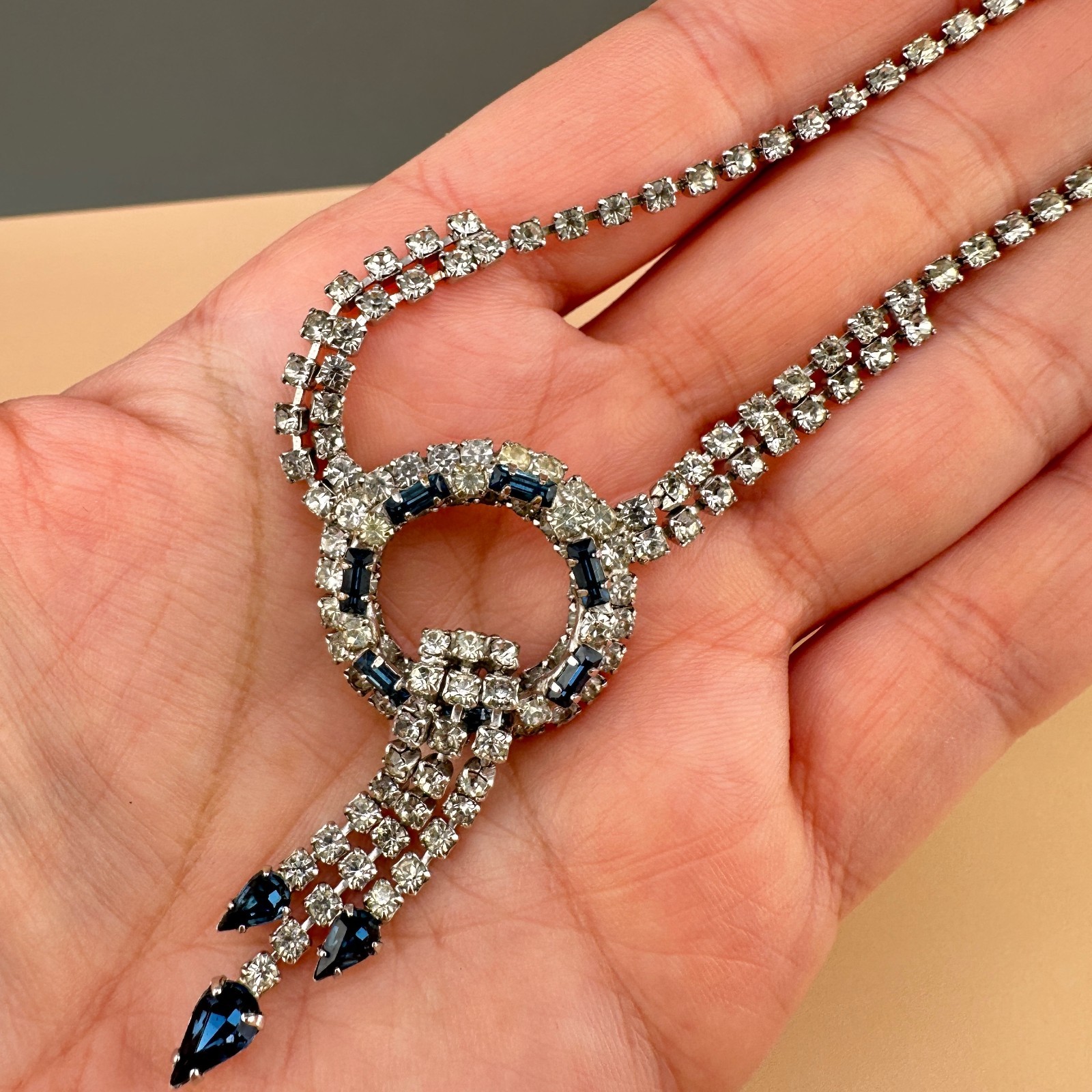 Vintage Rhinestone Necklace Earrings Set Blue Clear Circle Tassel Cup Chain