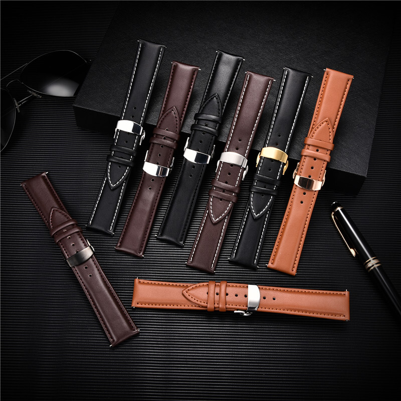 Retro Leather 14mm-24mm Wrist Watch Band Strap Butterfly Buckle Deployment Clasp