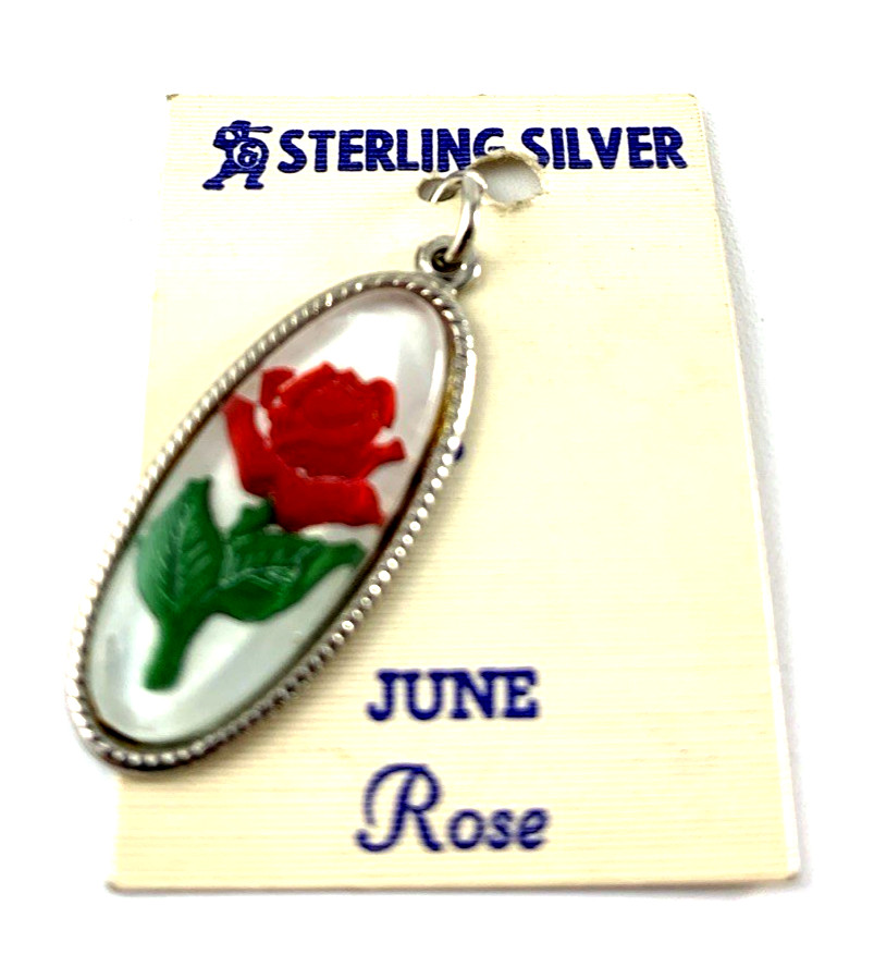 Rose (June) Sterling Silver Charm | Elco | 1″ Oval | New Old Stock | VG