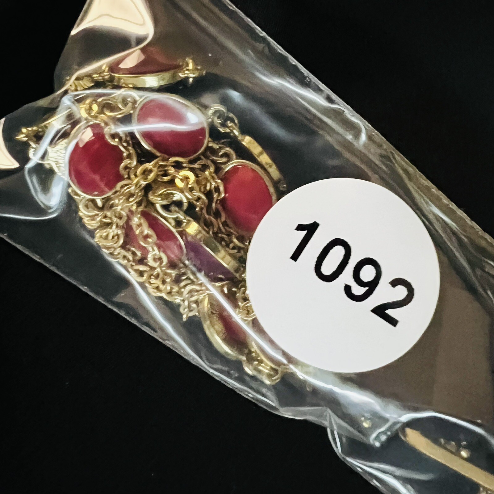 Statement Red Black Resin Stone Layered Multi Strand Bib Necklace Gold Tone 1092