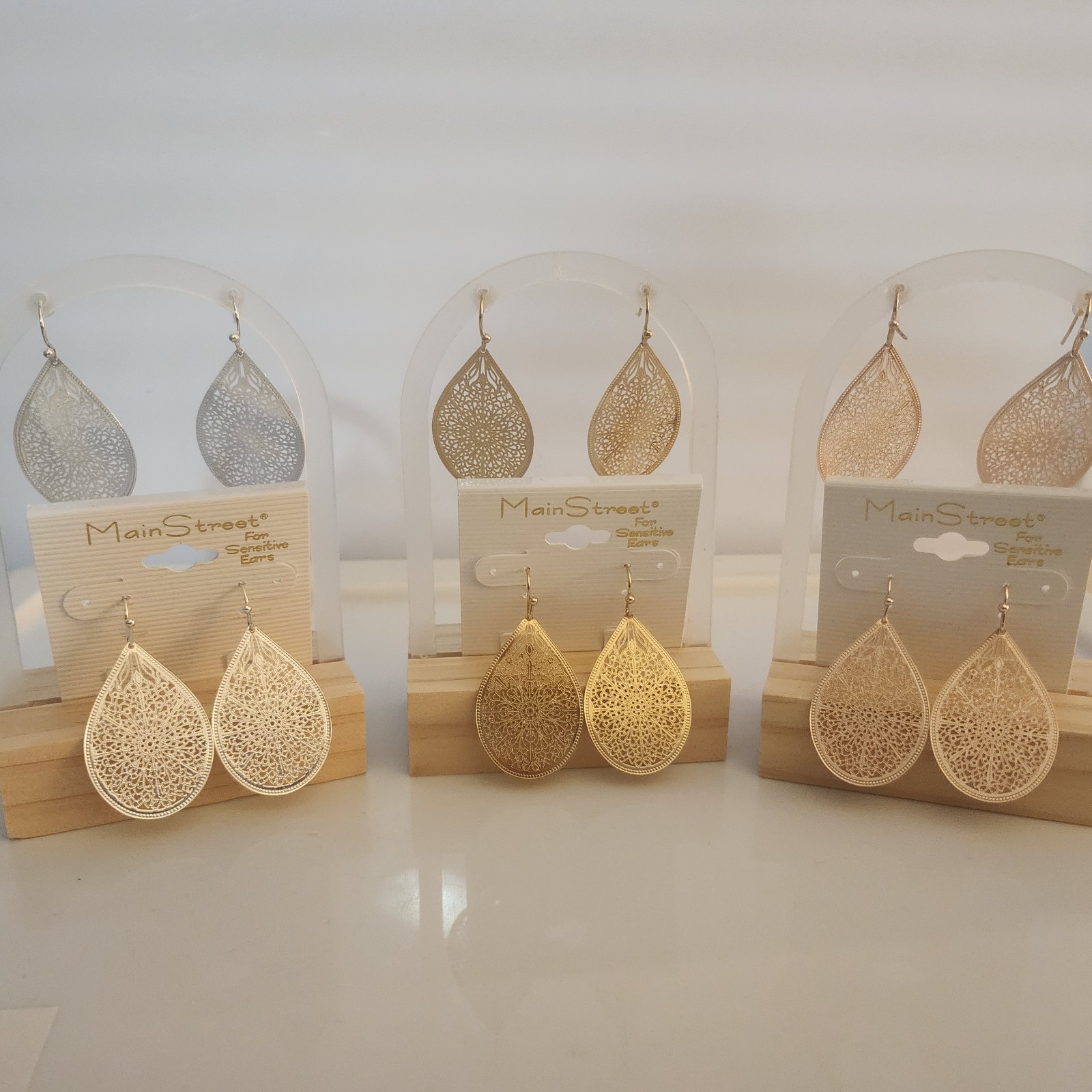 Large Delicate Filigree Teardrop Earrings: Silver, Gold & Rose Gold by Main St.