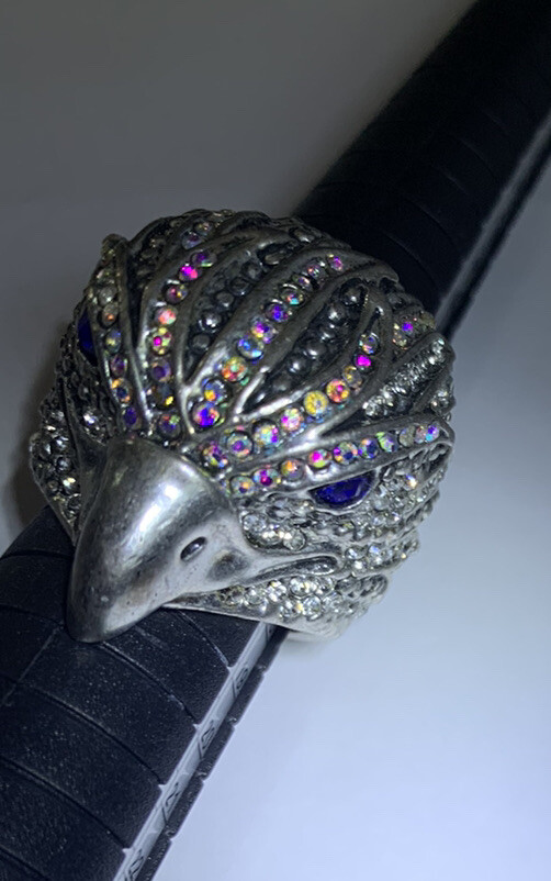 ST & Crystal Eagle Ring W/ Blue Sapphire Rhinestone Eyes, Aurora Borealis Crown
