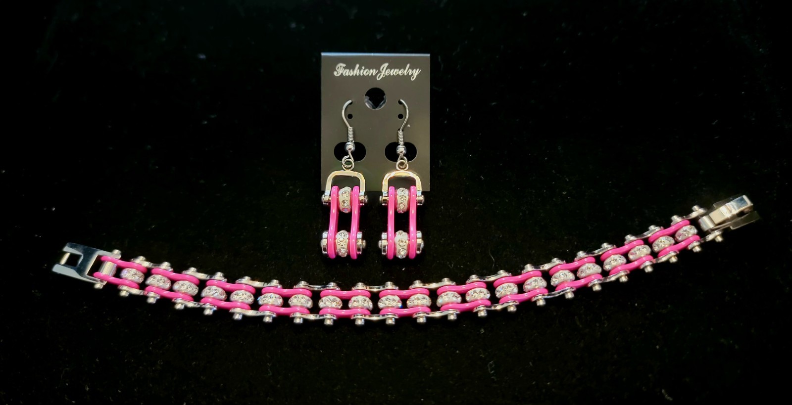 Women’s Stainless Steel Set Chrome / Pink Bling Motorcycle Bracelet & Earrings.