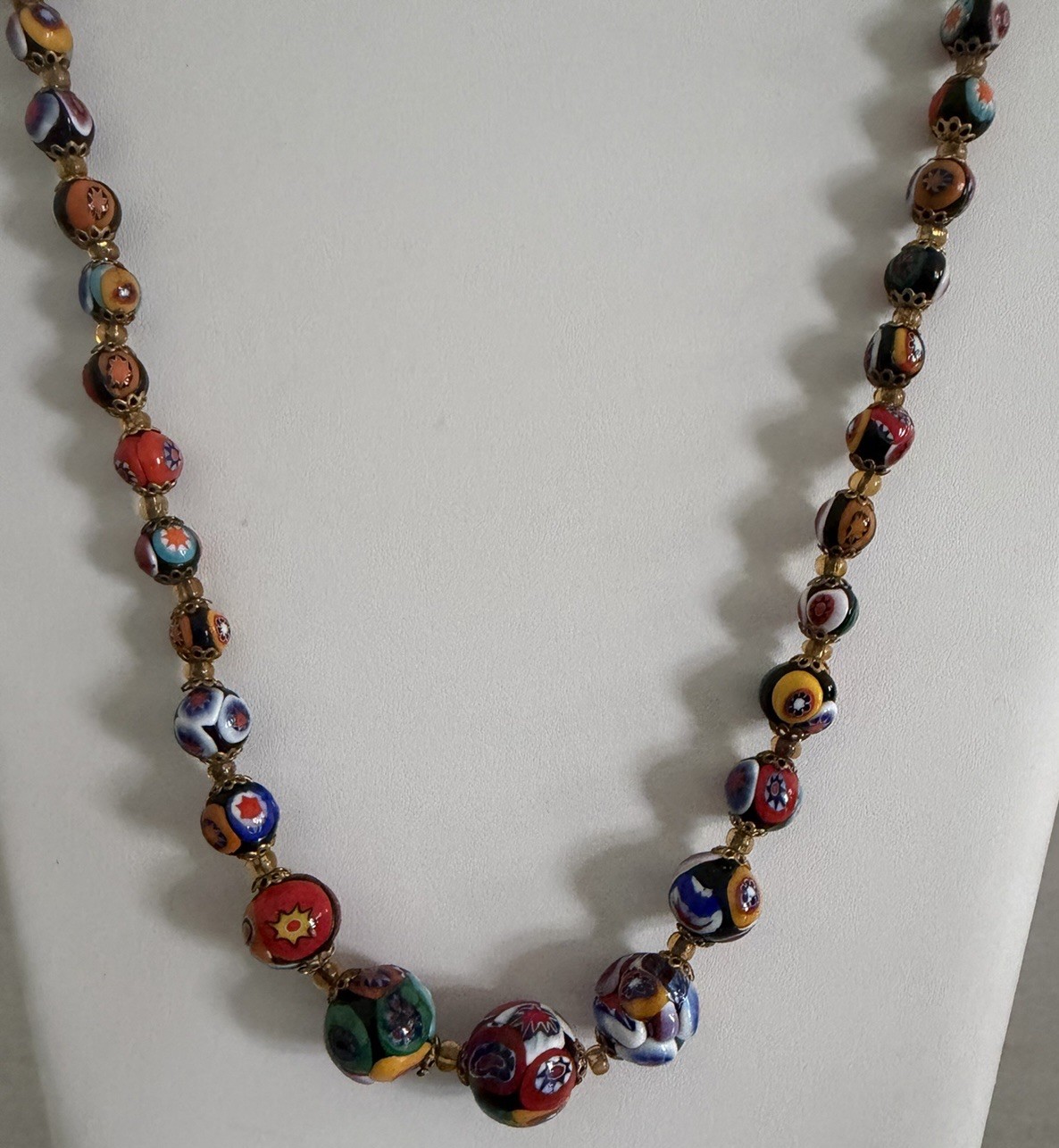 Vintage Venetian Millefiori Glass Beaded Graduated Necklace 23.25” 8.2-15.9 MM
