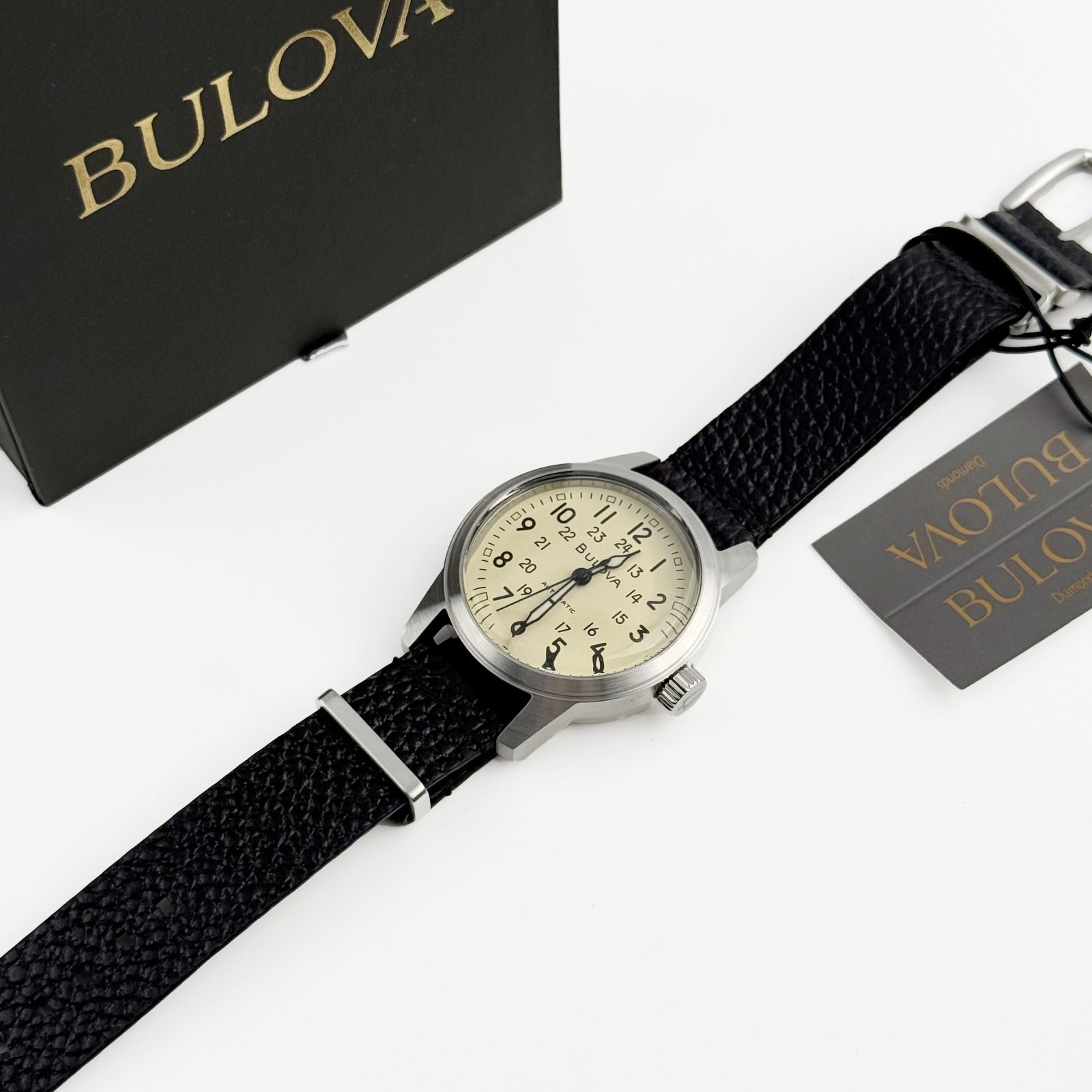 Bulova Hack 96A246 Men’s Watch Ivory Dial Automatic Black Leather Strap 38 mm