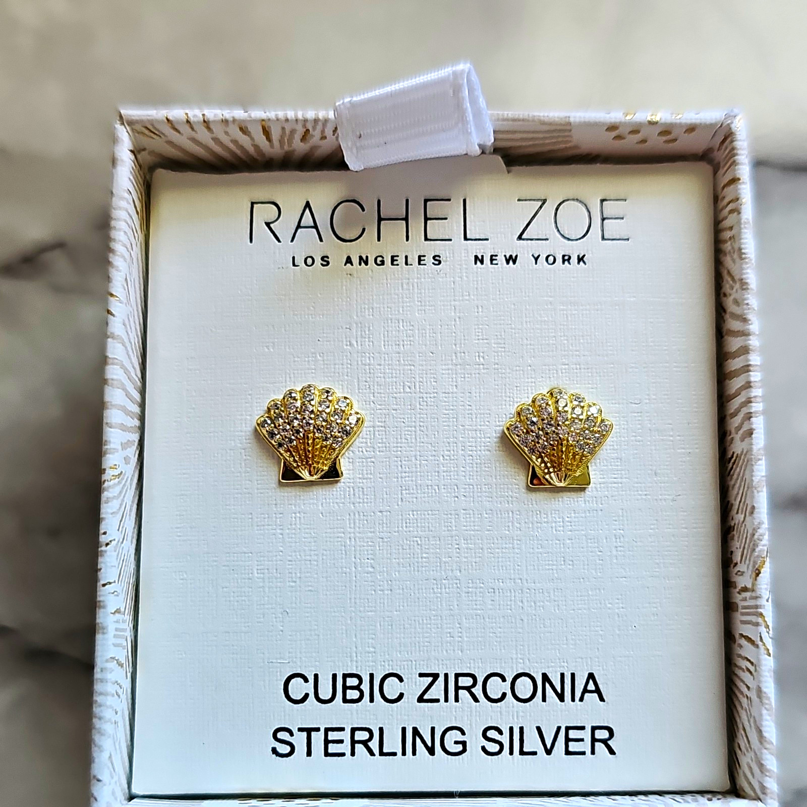 Rachel Zoe 925 Sterling Silver CZ Shell Stud Earrings Butterfly Back Gold