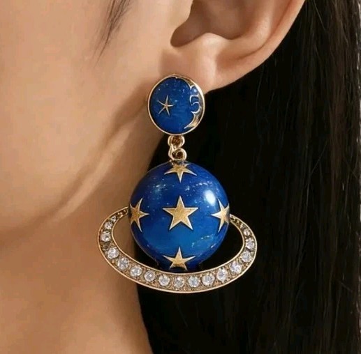 Planet And Stars Goldtone &Rinestones Earrings Cosmic Blue Enamel, Post Backs