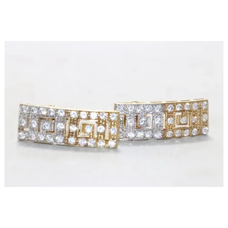 Vintage 18KT Two Tone Gold Cubic Zirconia Greek Key Earrings