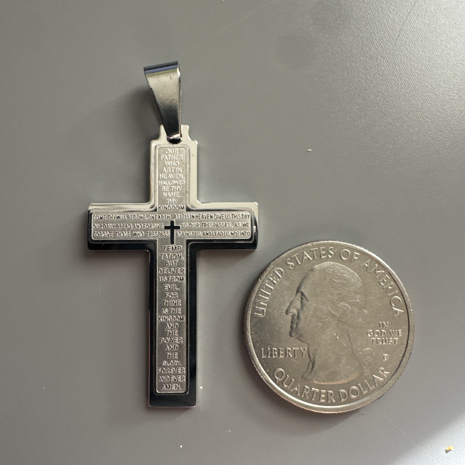 Cross Pendant Scripture Stainless Steel Silver Tone 24” Chain Faith Jesus Gift