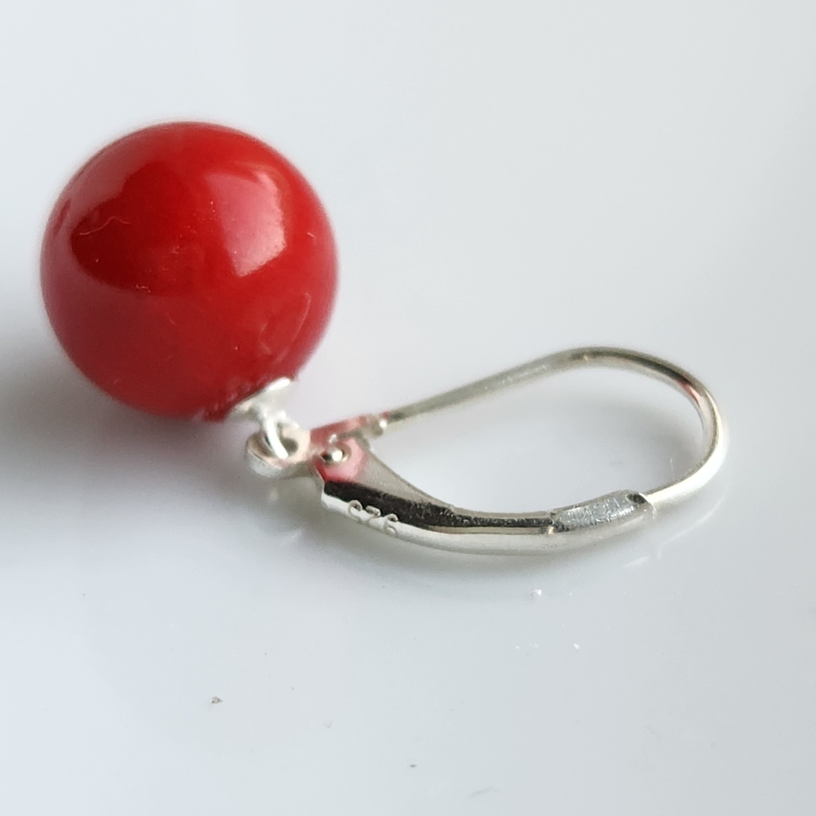 TEAR DROP Round 10.6mm Natural Coral LEVER BACK 1” EARRINGS 925 Silver