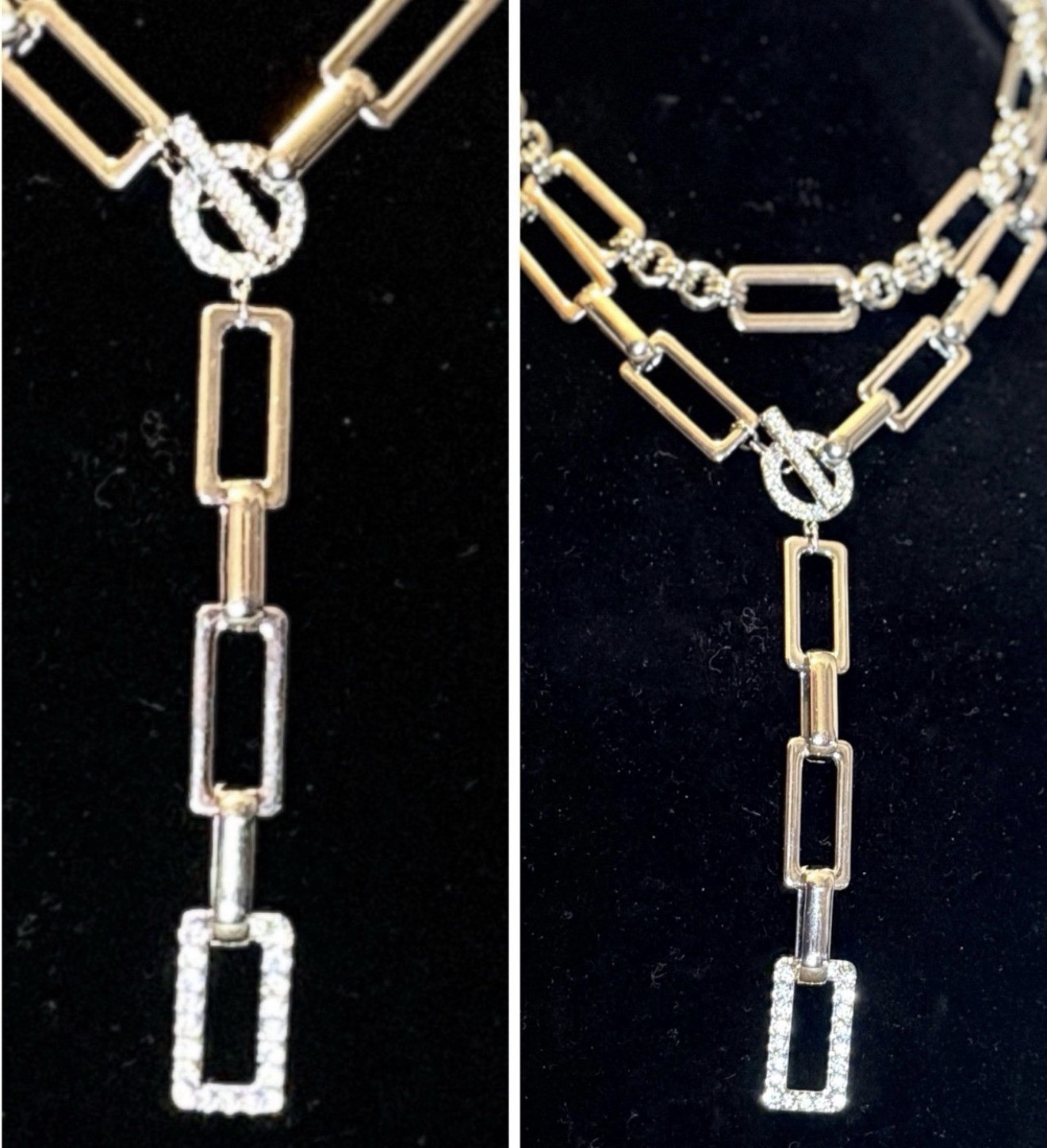 Silver Y Necklace 18″ Crystal Pavé Circle Front Closure Double Layered Link