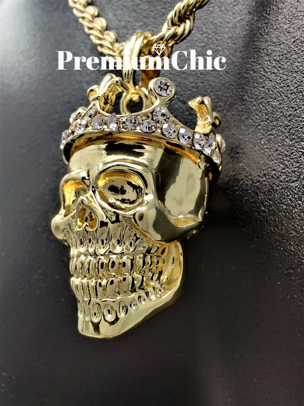 Skull King Pendant Necklace Rope or Tennis Chain Plated CZ Halloween Jewelry