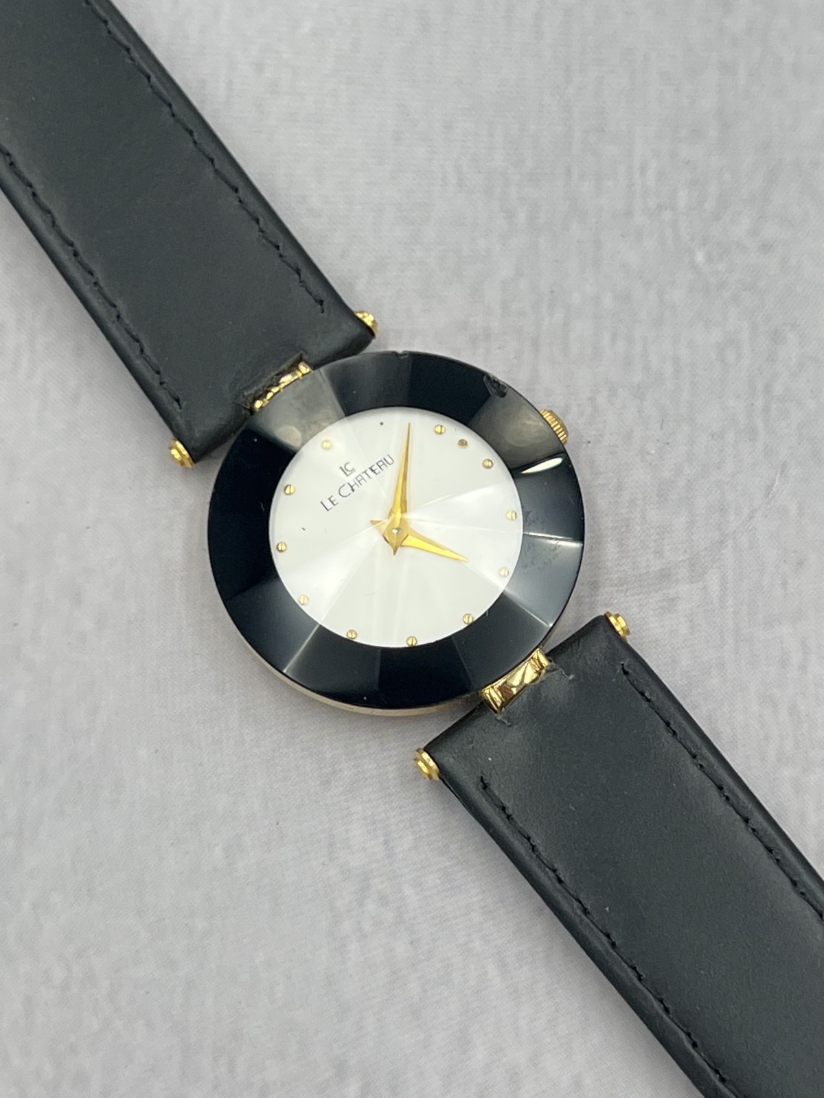Le Chateau Men’s Black Leather Band White Dial Water Resistant Dress Watch