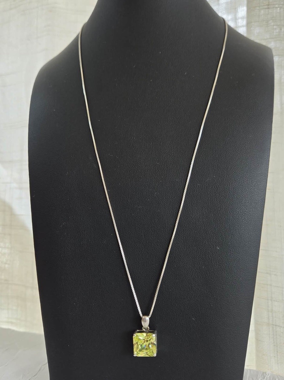Sterling Silver 925 Lime Green Square CZ Pendant Necklace Box Chain Chartreuse