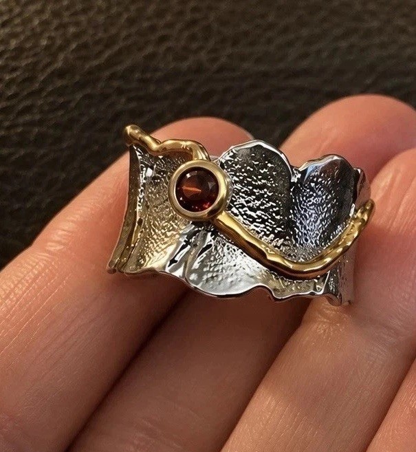 Silver Gold Garnet Ring Sz 7 Sundance Catalog Style Brutalist Artisan Boho CZ