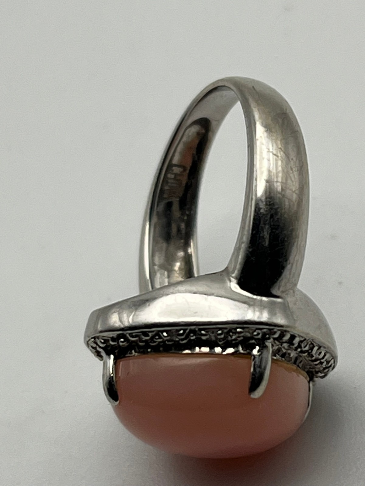 14K Solid White Gold Pink Coral Stone and Diamond Halo Ring Size 5.25