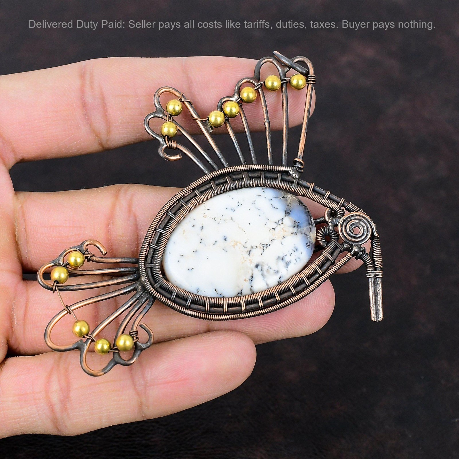 Copper Dendrite Opal Stone Elegant Mother Wire Wrapped Bird Boho Pendant Jewelry