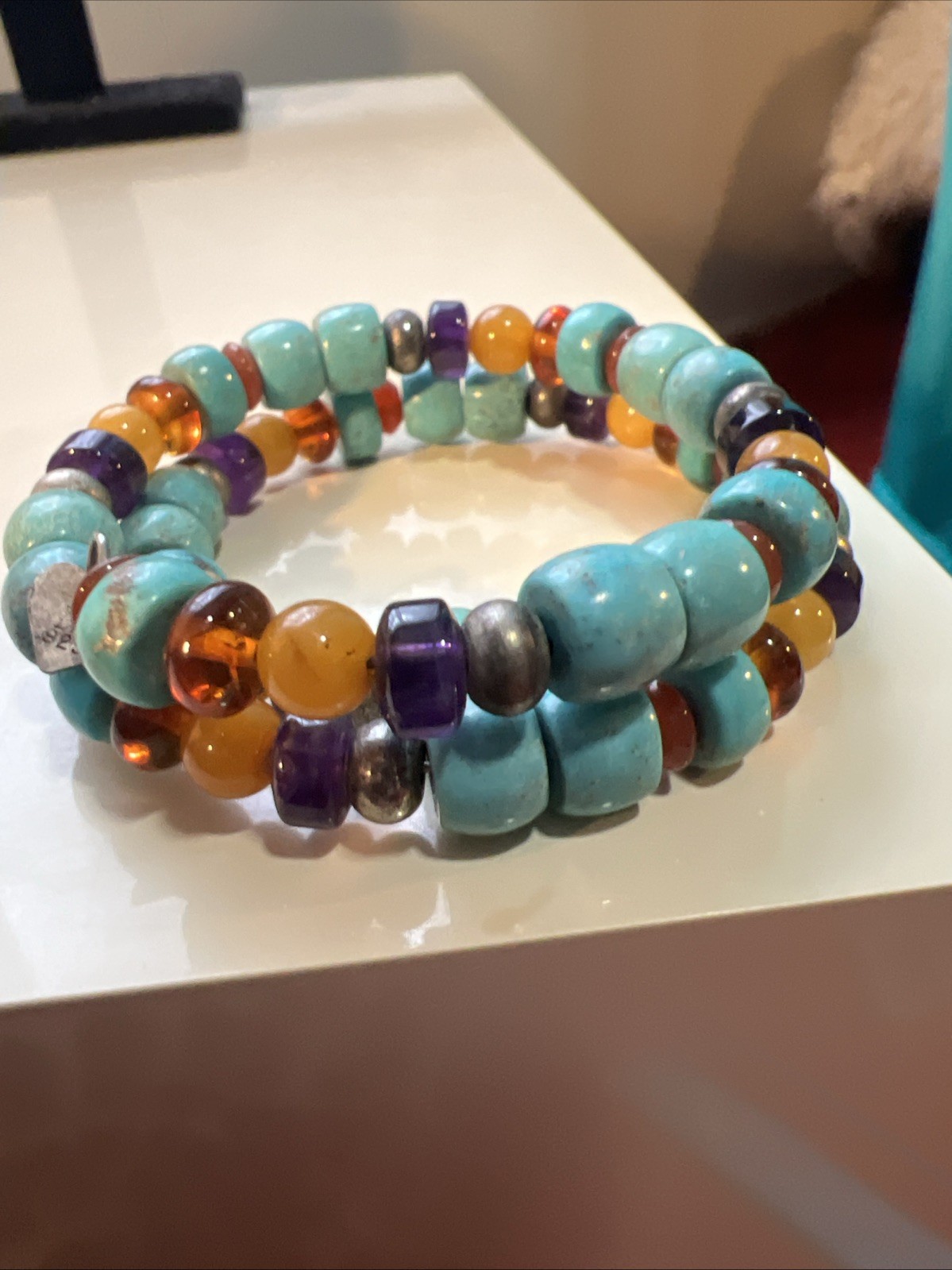Vtg Mine Finds Jay King Sterling Silver Amber Turquoise Amethyst Memory Bracelet