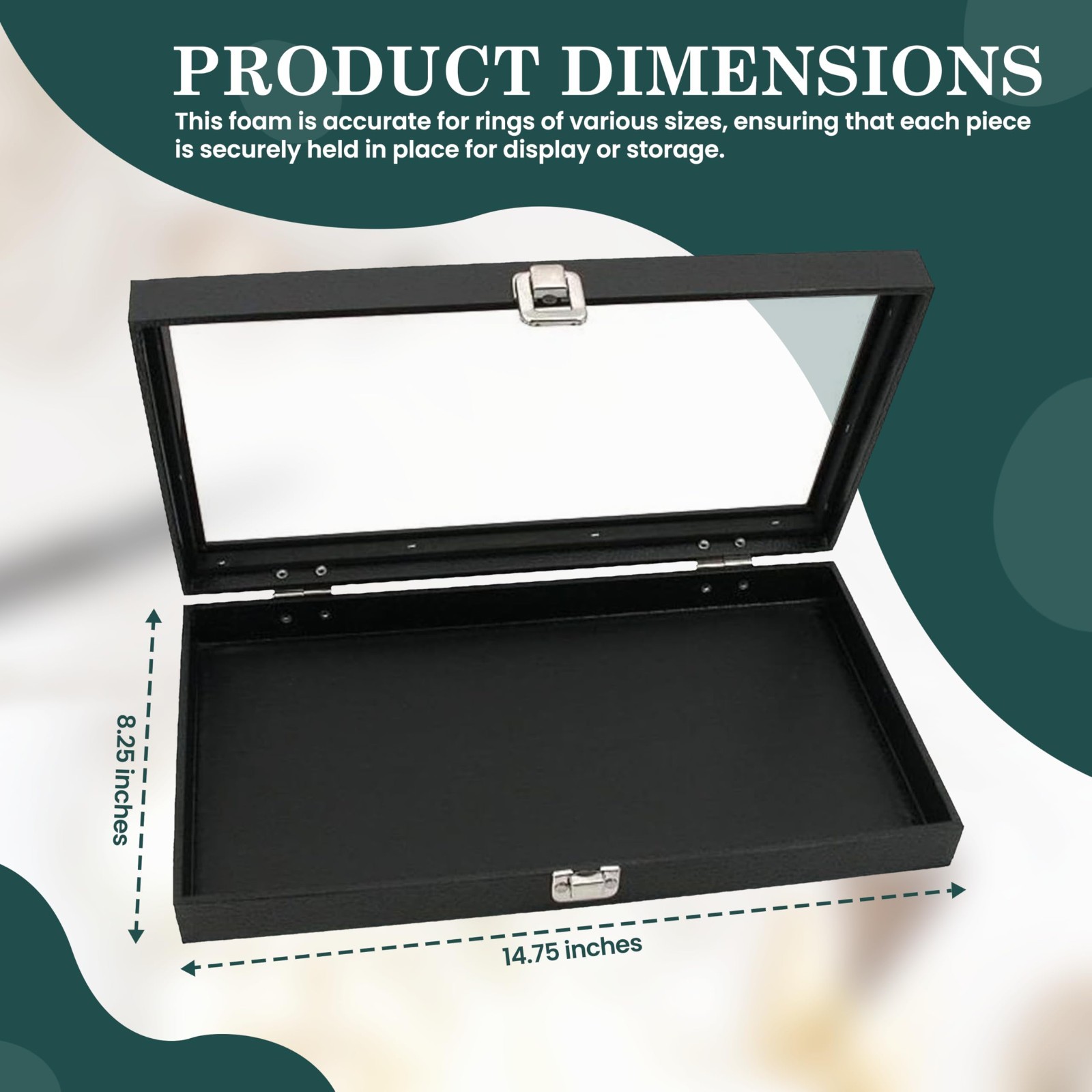 Glass Top Lid 72 Ring Black Showcase Jewelry Display Storage Organizer Box Case