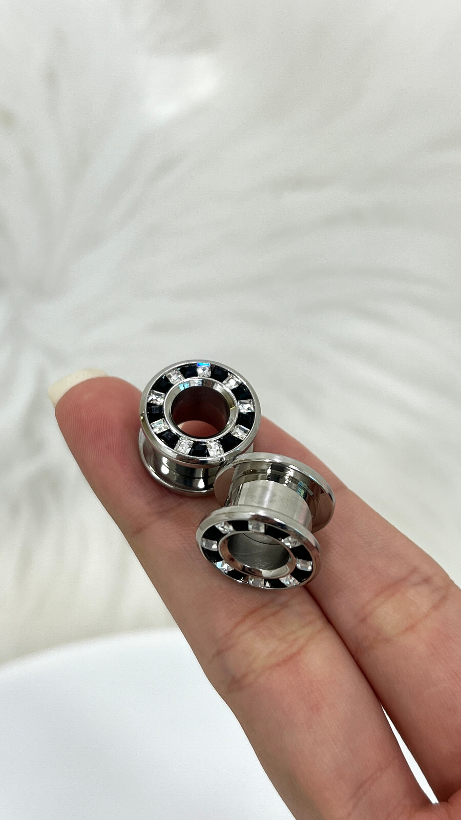 Pressed Rimmed Surgical Steel Black Clear CZ Screw Tunnel Ear Plugs – Sold Pair