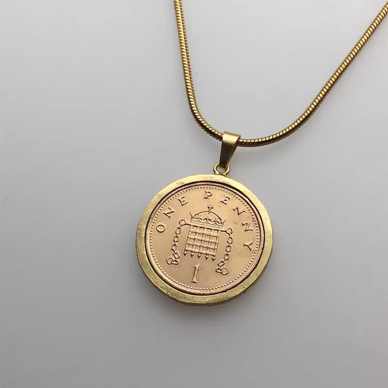 UK 1p Lucky Coin Pendant , Vintage Coin Glod Necklace 20″